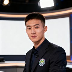 一位短发年轻男性足球赛事解说员的正面半身像，穿着带有电视台标志的深色西装，背景为直播间灯光环境